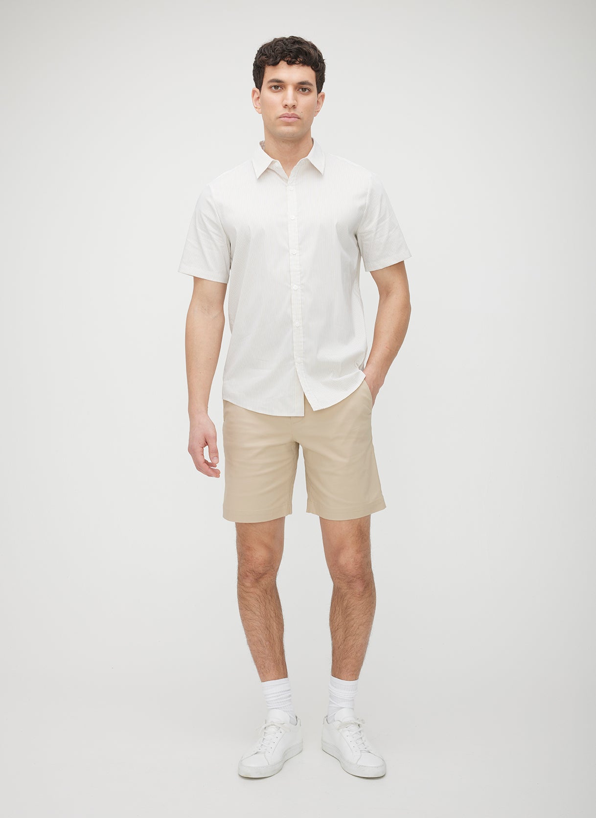 Acadia Short Sleeve Poplin Shirt ?? | M || Bright White/Sand Dune Stripe