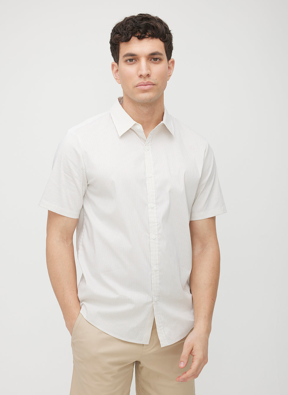 Acadia Short Sleeve Poplin Shirt ?? | M || Bright White/Sand Dune Stripe